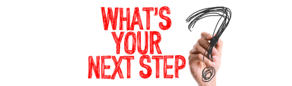 Header with "What's your next step" written in red with a hand holding a question mark beside it.