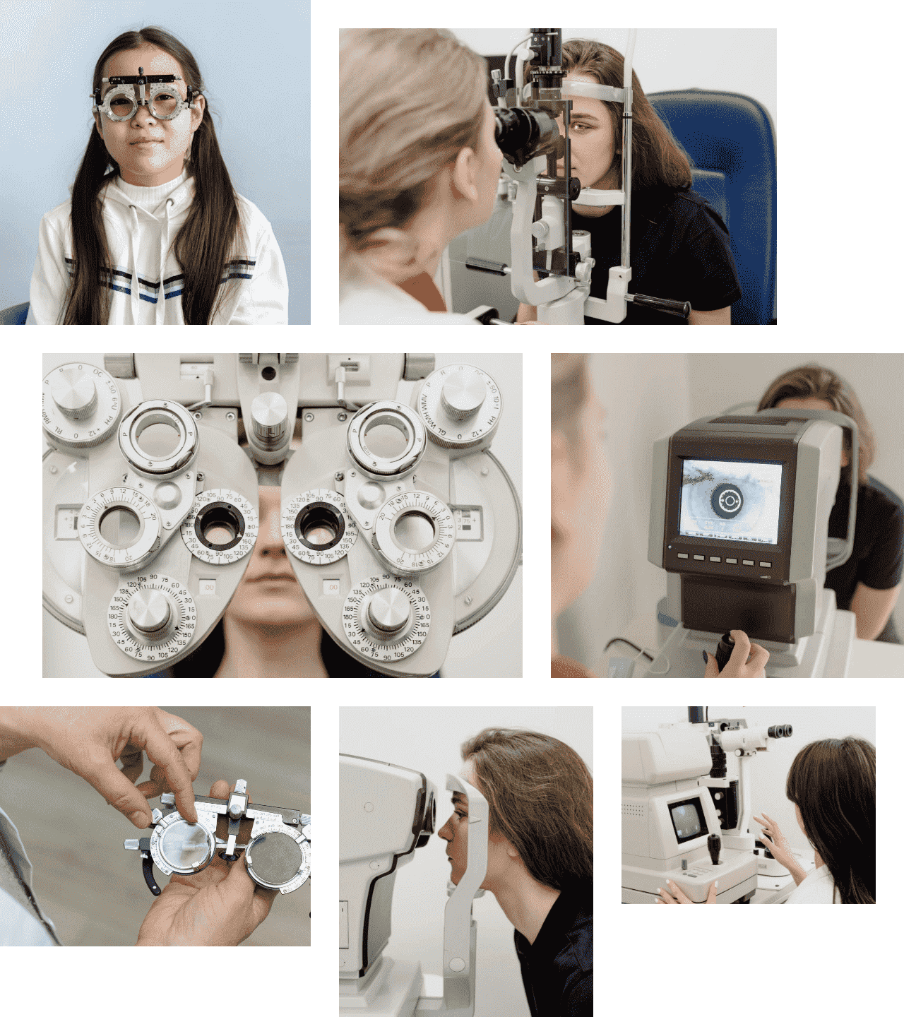 Girls getting their eyes tested and other eye instrument tools.